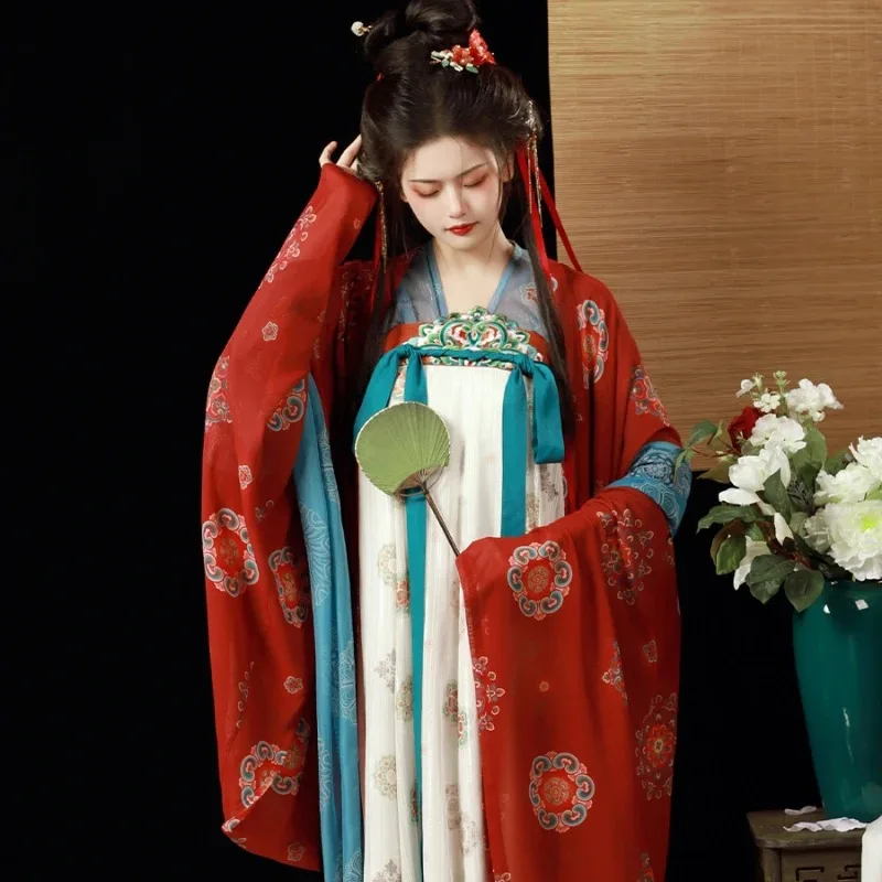Hanfu Dunhuang Tang Dynasty restored style, thin, chest-length red, big-sleeved skirt, shirt torn skirt, spring and autumn