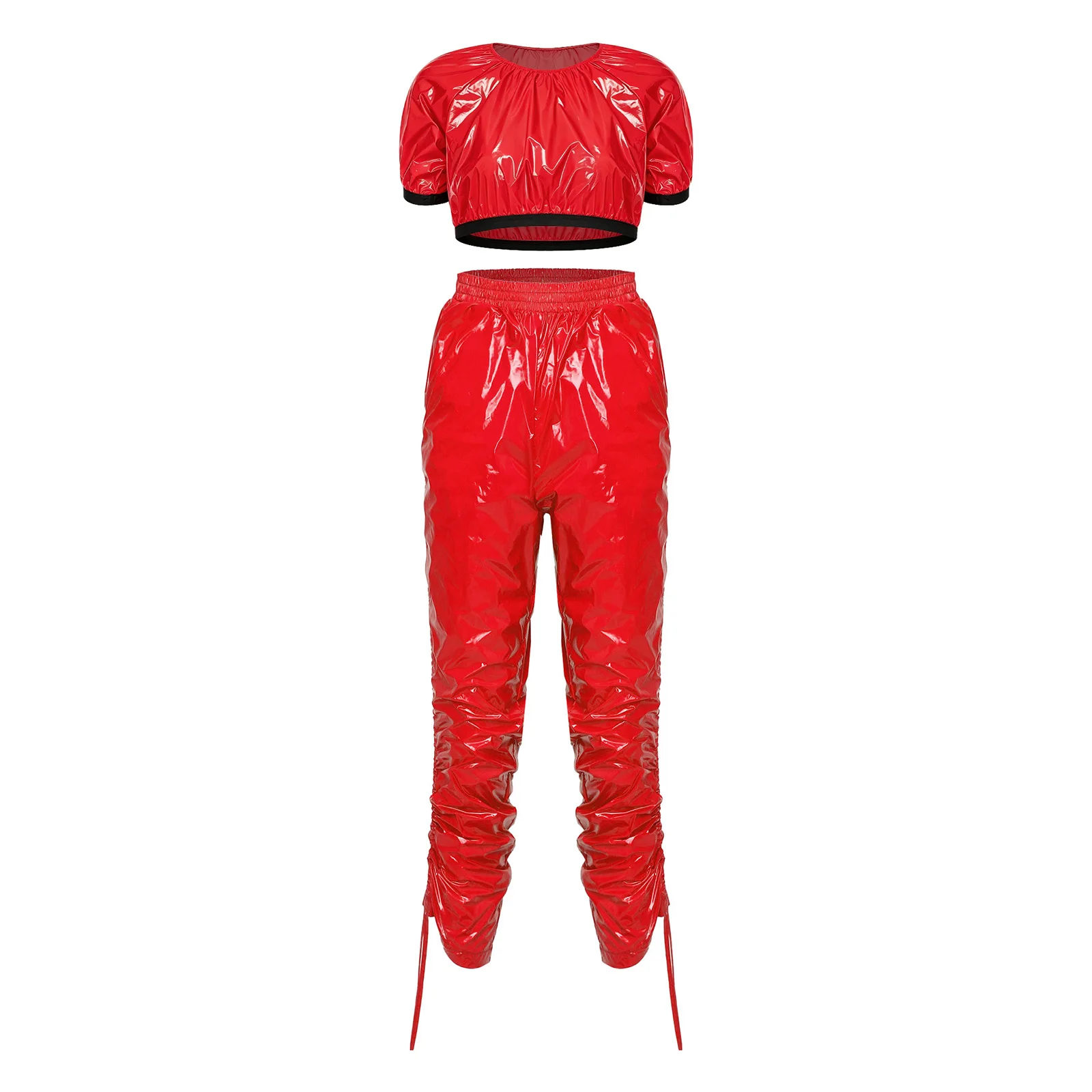 Womens Clubwear Party Dancing Sets Waterproof Glossy Outfit Short Sleeve Crop Top and Pants for Nightclub Party Costume Outfit