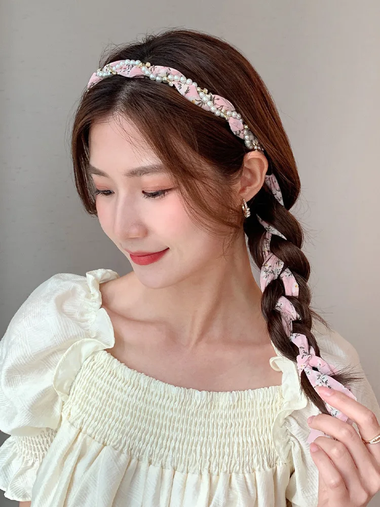 Mode Zomer Bloemen Haarlint Hoofdbanden voor Vrouwen Franse Steentjes Parel Weave Lange Kwast Haarbanden Hoofddeksels