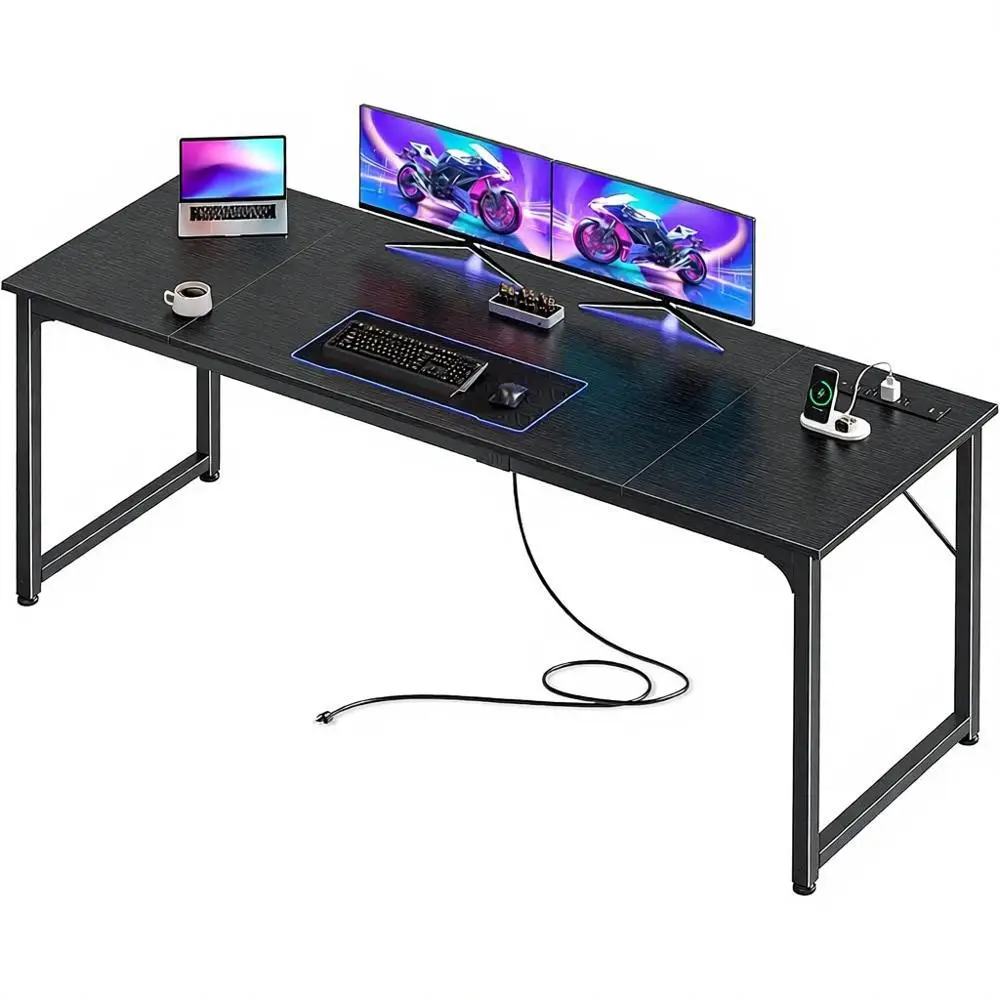 Mesa de Computador Grande de Metal 70 x 24 com Tomadas e Porta USB-C, Ideal para Jogos, Home Office, Estudo e Escrita