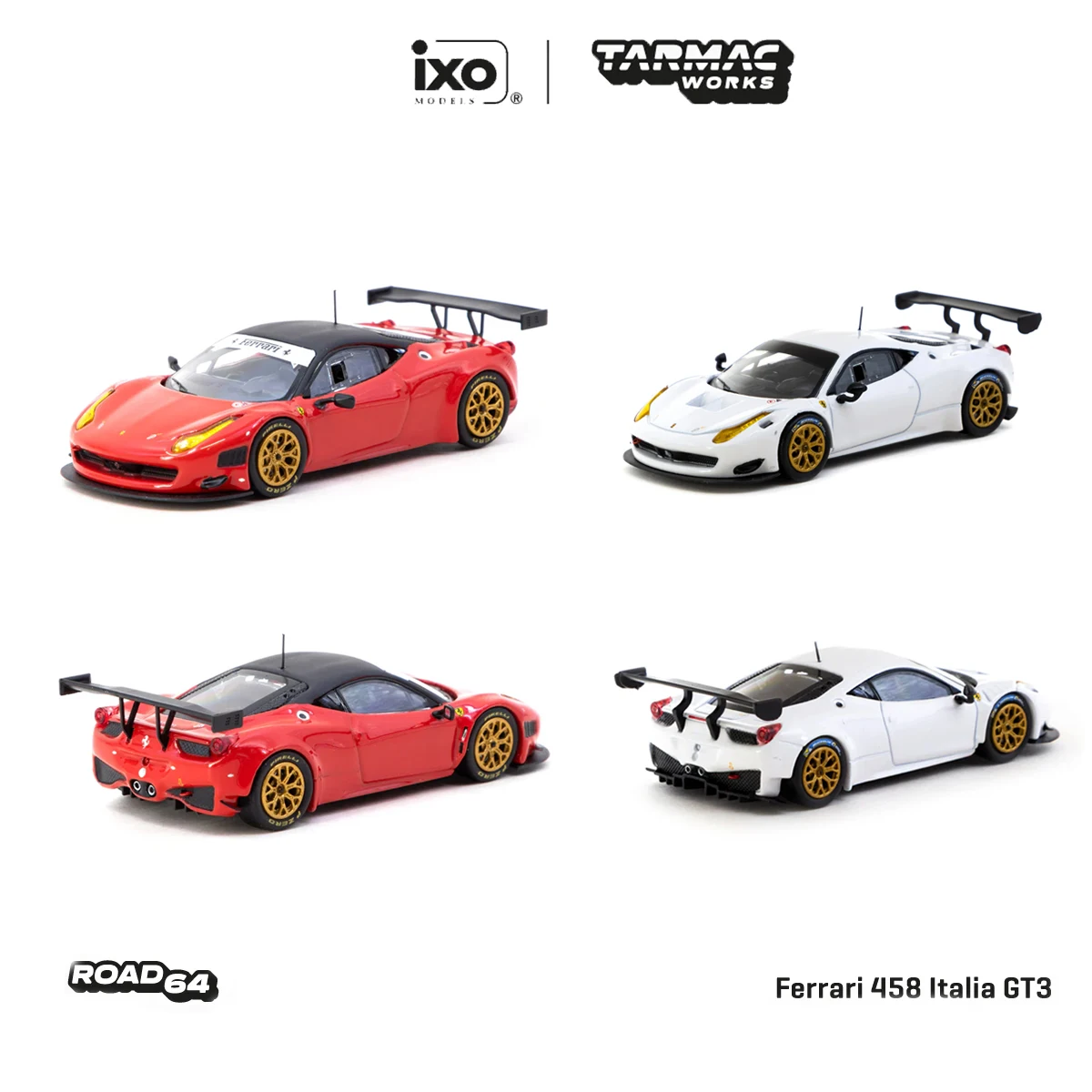Tarmac Works × ixo Models ROAD64 1:64 Ferrari 458 Italia GT3 Coche de modelo fundido a presión (2 variantes: Blanco / Rojo Rosso) En stock