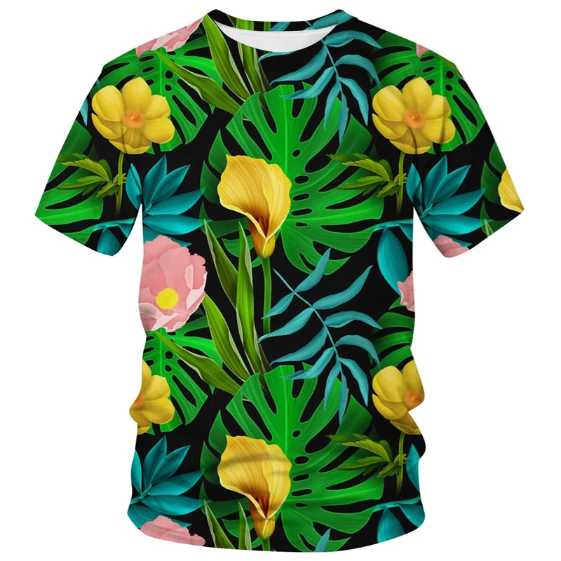 T-shirt de plage hawaïenne imprimé en 3D pour hommes et femmes, vêtements d'été décontractés pour enfants, manches courtes, image de chambre plus lente de fleurs