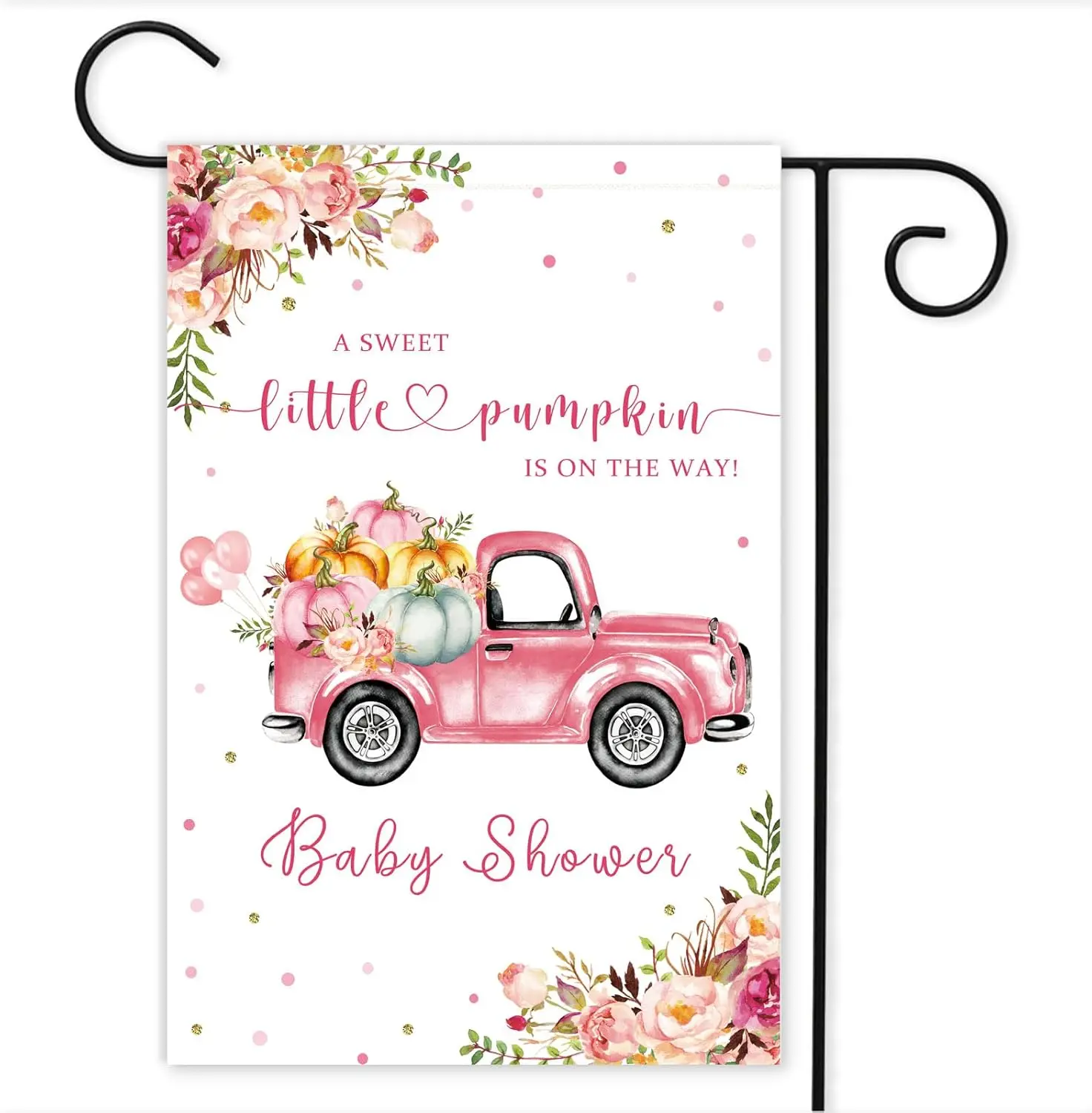 12×18 Inch Double Sided Garden Flag, Pink Floral with Pink Car Pulling Pumpkins, 