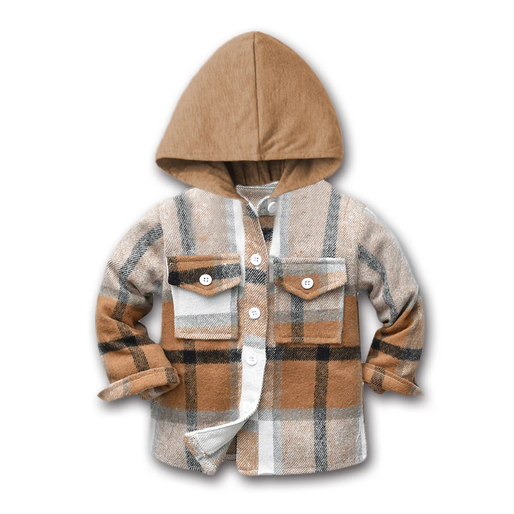 

Winter and Autumn Children's Shirts Clothing Little Boys Hooded Plaid Shirts Boys Girls Toddler Baby Checkered Bottoming Coat