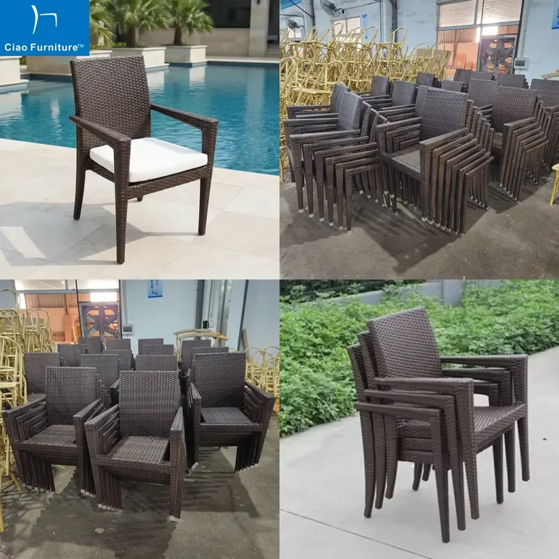 2026 Hot Sell Outdoor Restaurant Furniture Rattan Wicker Garden Stackable Dining Arm Chair