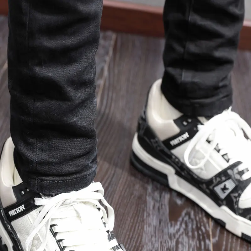 y2k new men's jeans washed nostalgic stretch slim fit painted perforated cashew flower patch black jeans high street hip