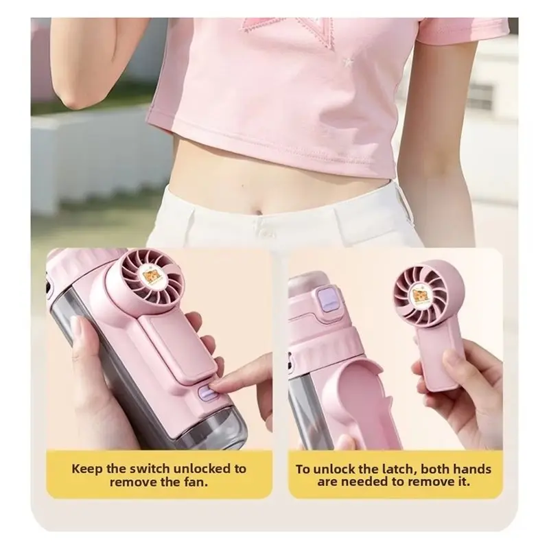 ABMH-Fan Water Cup Multi-Functional Water Bottle Detachable For Children's School Use Pink