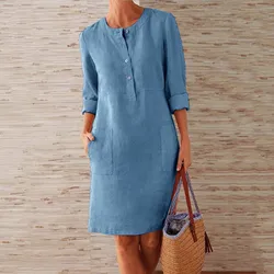 Round Neck Women's Knee-Length With Buttons Casual Dress Ladies Loose Elegant Half Sleeve Dress Boho Women's Cotton Linen Dress