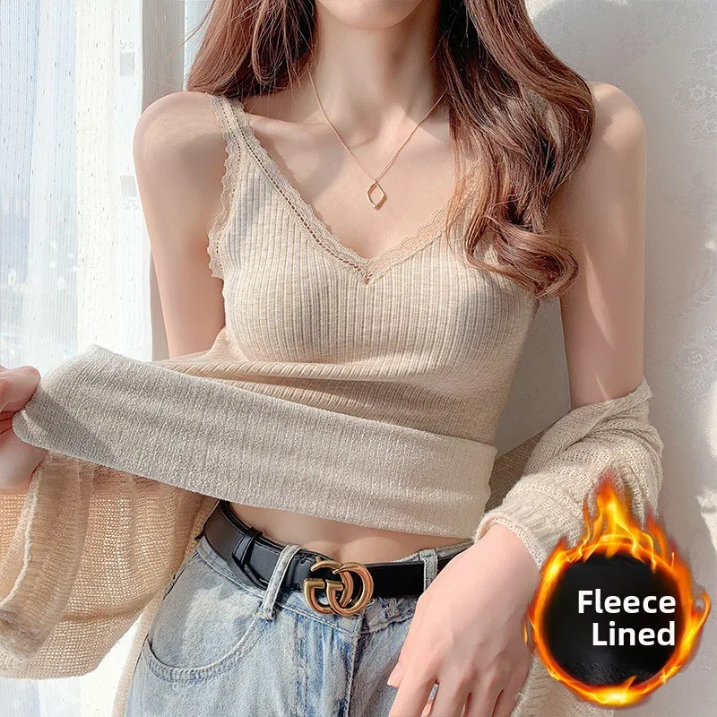 Thickened Fleece Warm Small Strap Vest Women's Winter Beautiful Back Suit Inner Matching Base Shirt Integrated Fleece Lace Top