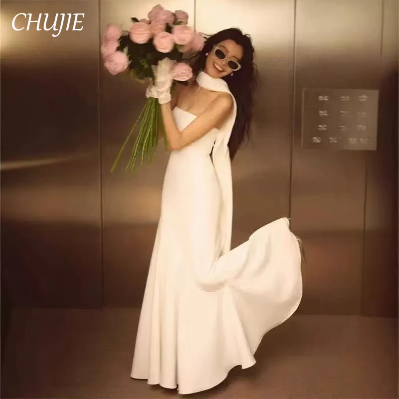 Silk Stain Strapless Wedding DressKorean SStyle Bridal Gowns Customized Shawl Bride Dress Vestido de novia Guest Party Gowns