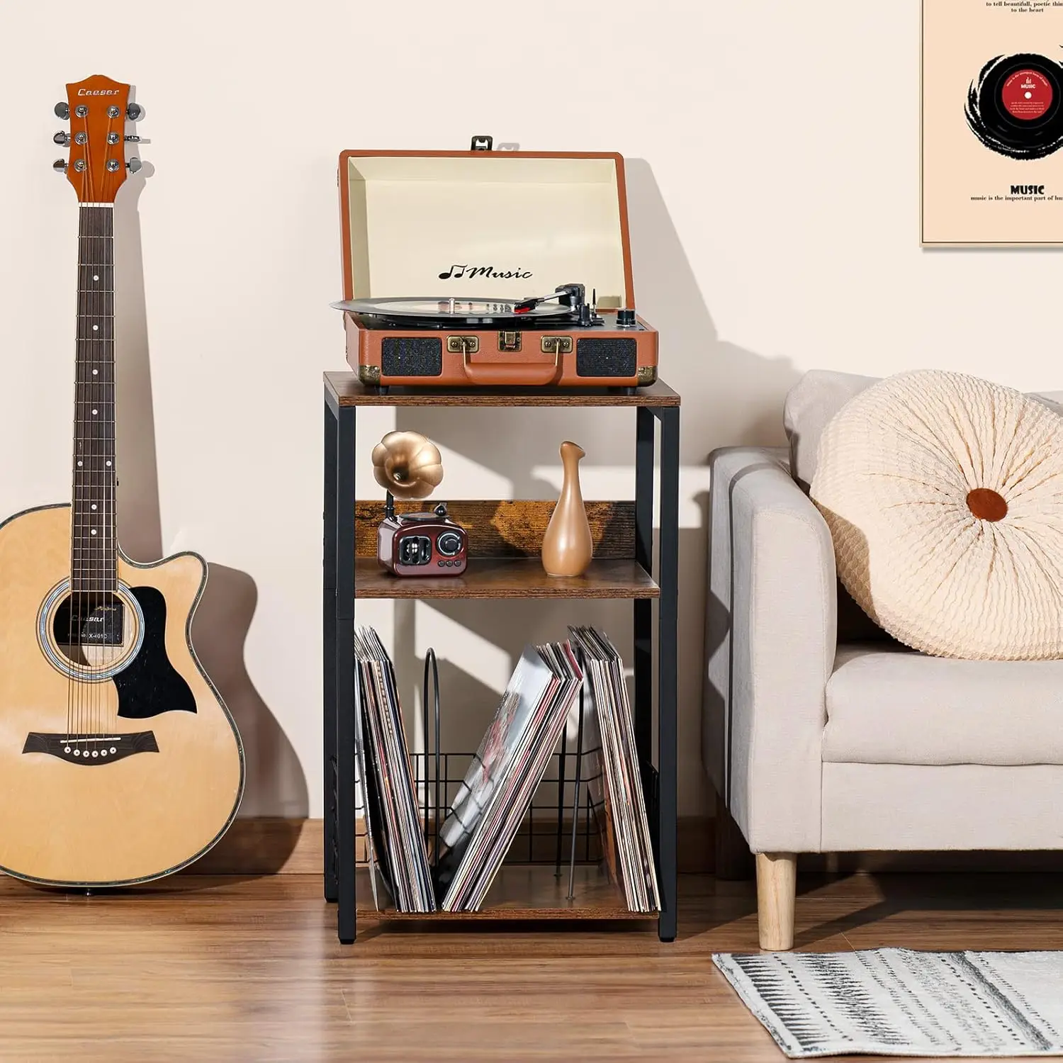 3 Tier End Table Set of 2, Record Player Stand with Storage Up to 100 Albums Brown