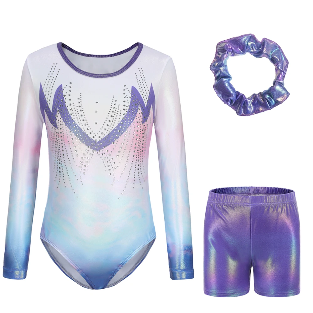 Hot Bambini Ragazze Bambini Blu Rosa Viola Manica lunga Ginnastica ritmica Body con pantaloncini Set Abiti Tute Tute