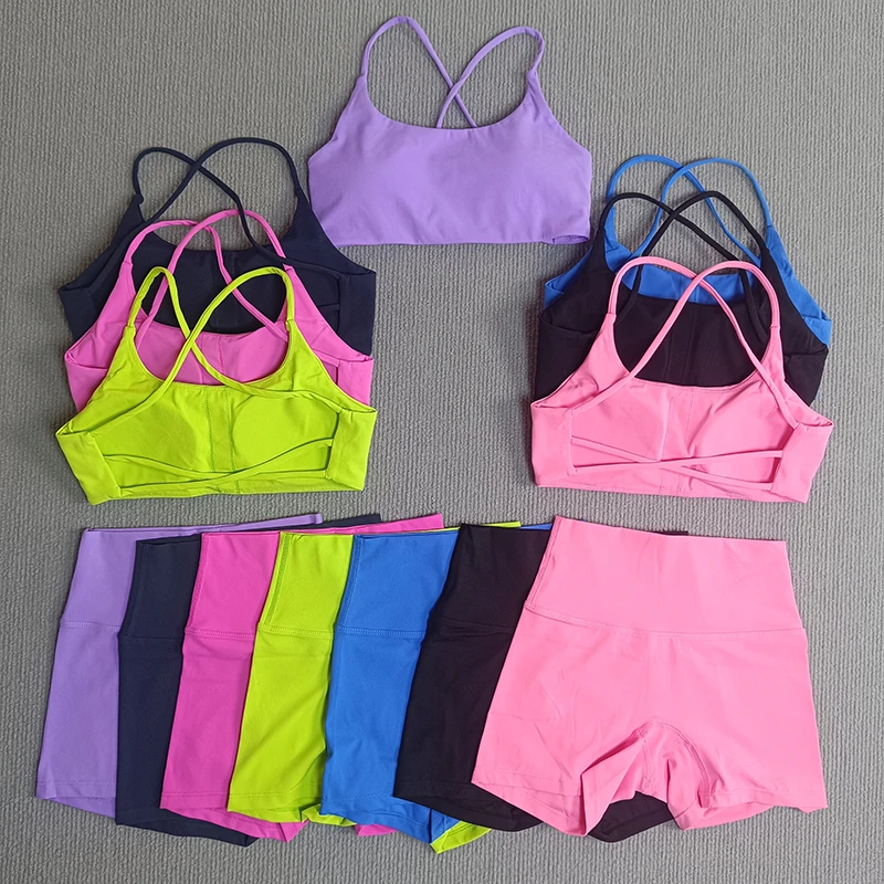 Woman's Yoga Set 2 Pieces Gym Short Bike Short Legging +Cross Sport Bra Yoga Set Woman High Waist Shorts Running Tracksuit image 2