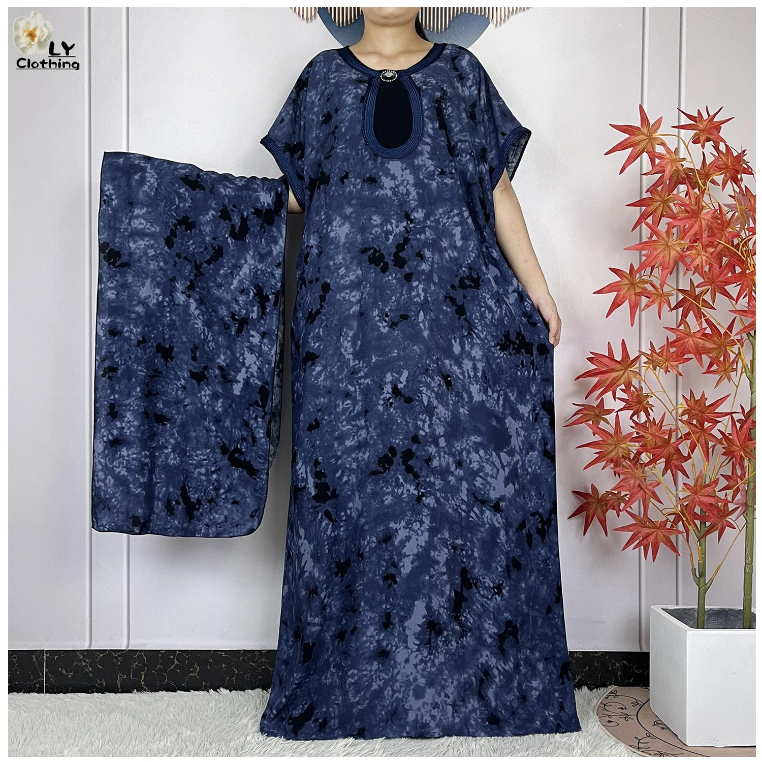 

Muslim Abayas High Quality Pure Cotton For Women Dress Short Sleeves Loose Tie-dyed Femme Robe African Islam Dresses With Turban