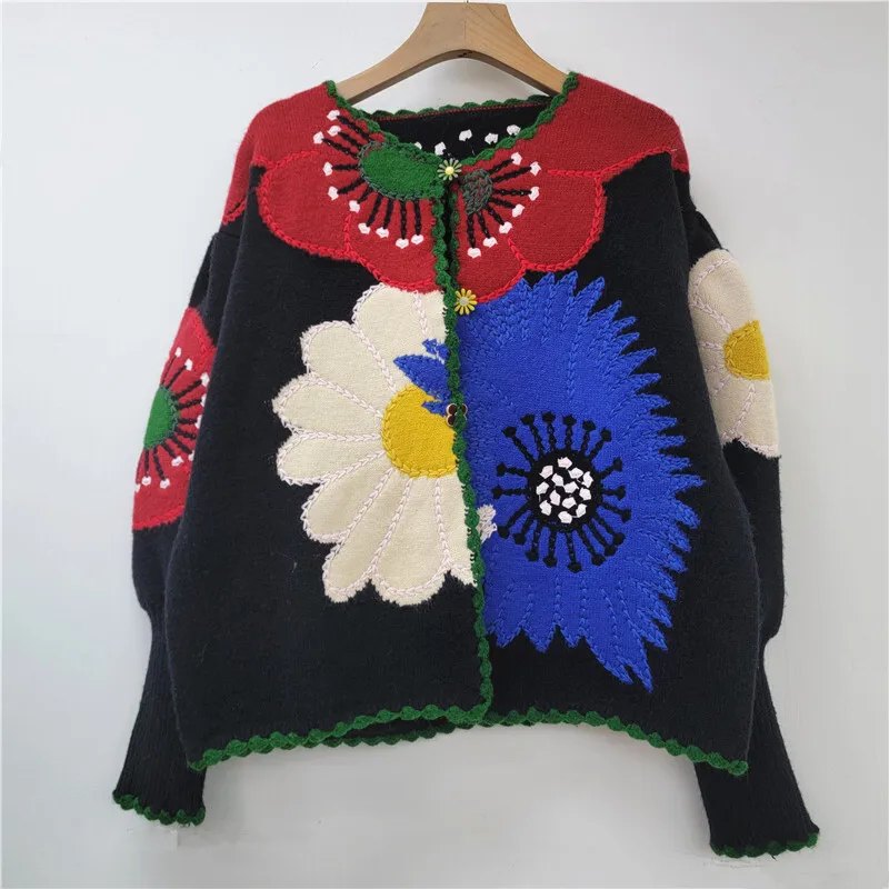 DEAT Women's Cardigan Contrast Color Knitted Flowers O-neck Retro Loose Lantern Sleeve Sweaters 2025 New Spring Fashion 29L9213