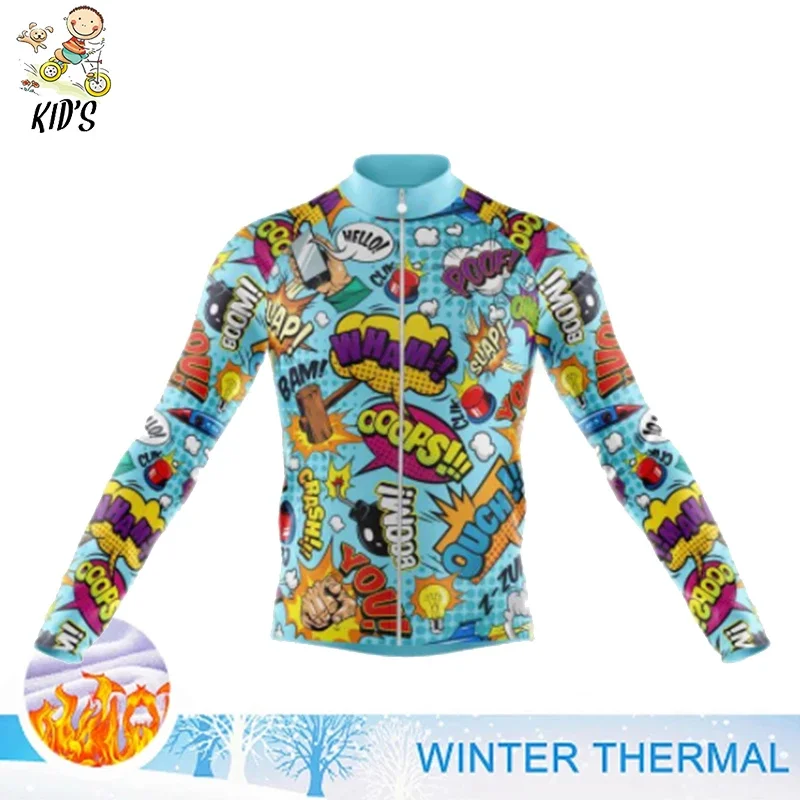 2022 Kids Cartoon Cycling Jersey Set Winter Thermal Fleece Boys Girls Bike Clothing Road Bike Suit MTB Children Maillot Ciclismo