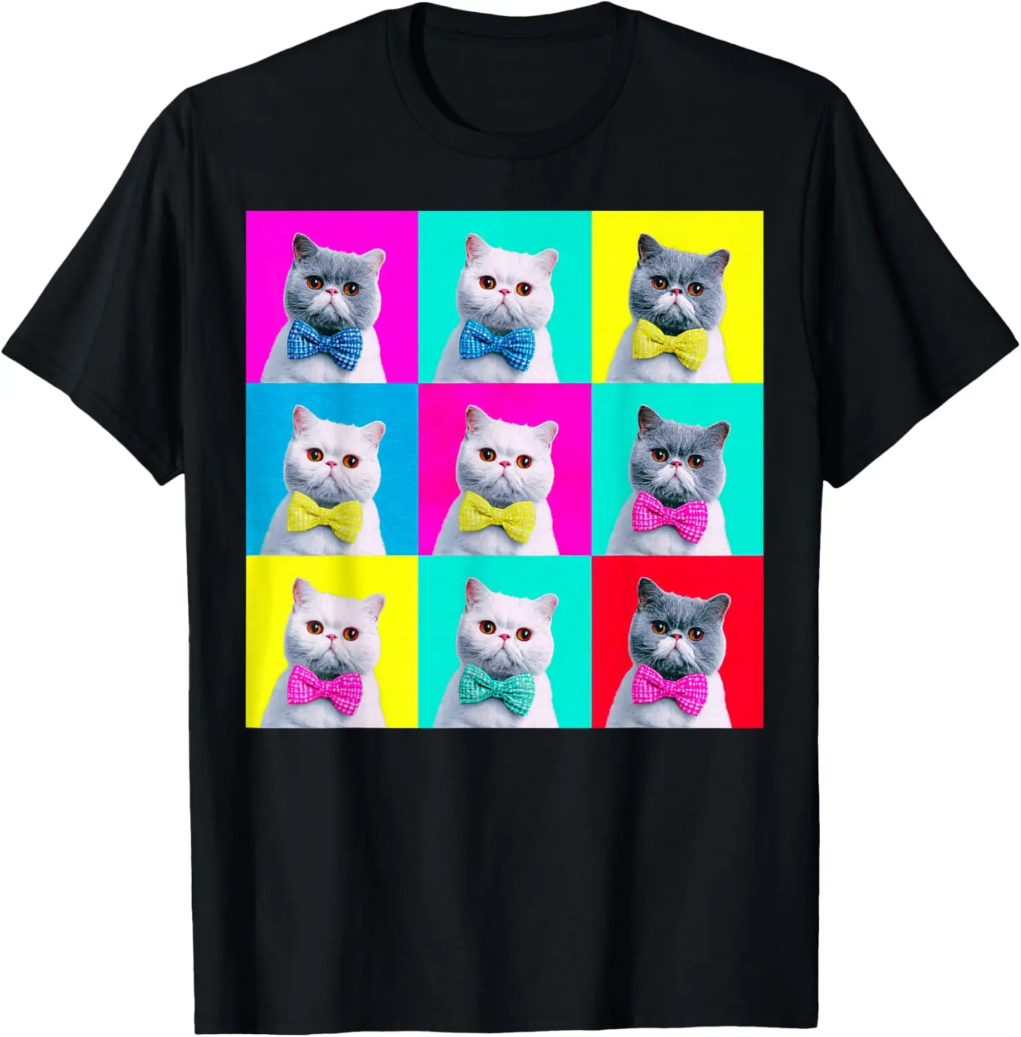 Exotic Shorthair Cat Pop Art Colorful Feline Grid Bow Tie De T-Shirt 100% Cotton Trendy Y2K Short-Sleeve Tee-Soft, Quick-Drying,