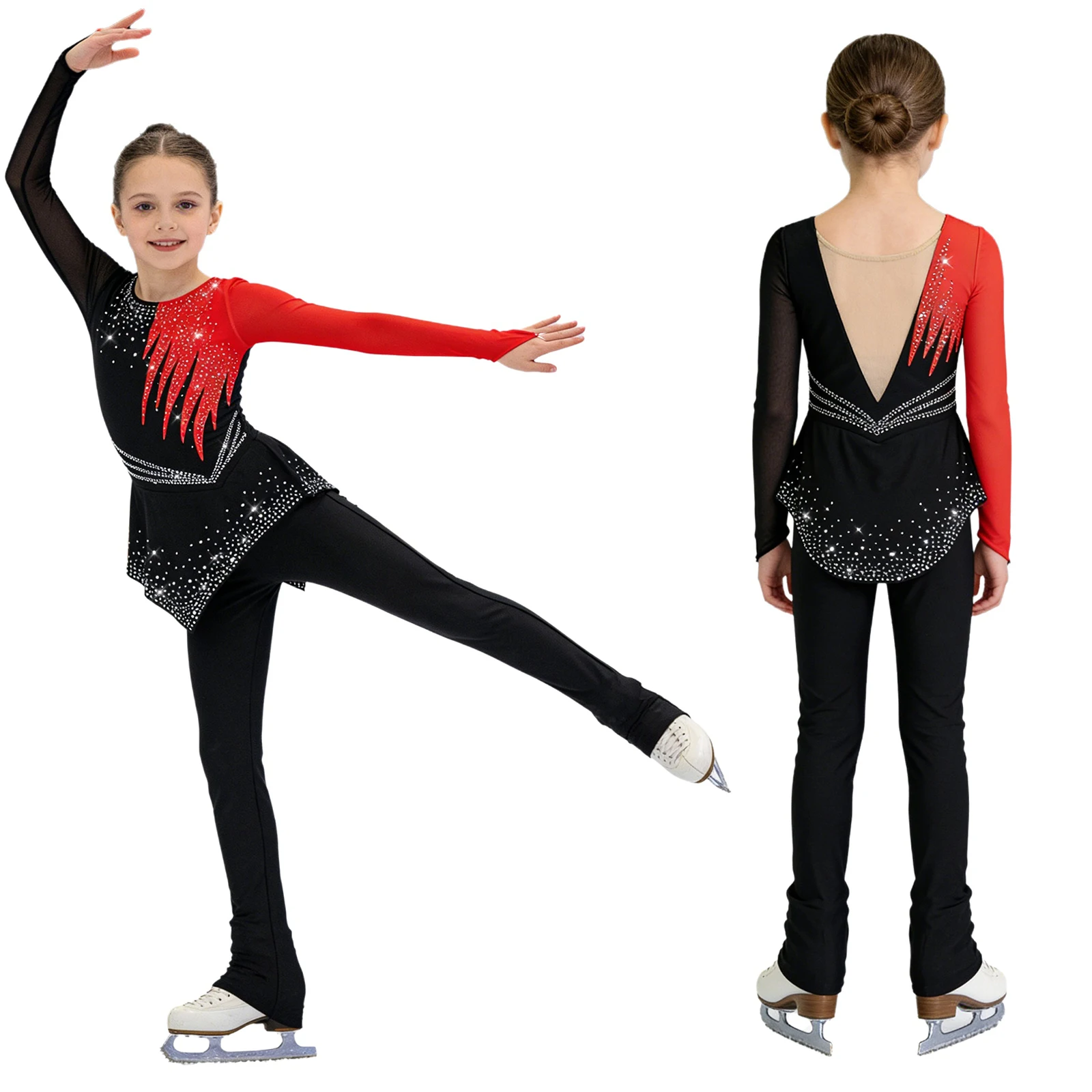 

Детский гимнастический комбинезон для девочек для фигурного катания, с блестящими стразами, для балета, танцев, акробатики, с сетчатыми длинными рукавами и баской, боди