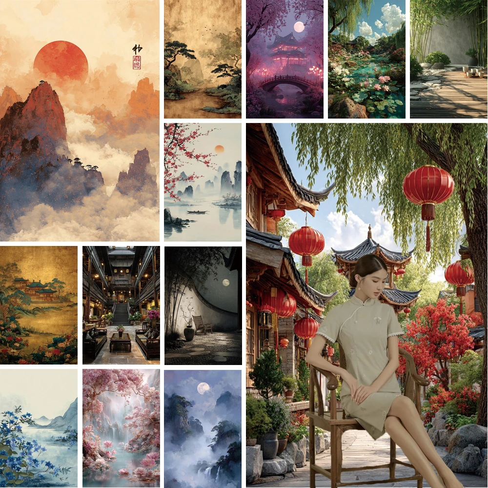 

MOON.QG Ancient Architecture Backdrop Lanterns Mountains Backgrounds Baby Shower Decoration Birthday Photo Booth Portrait Poster