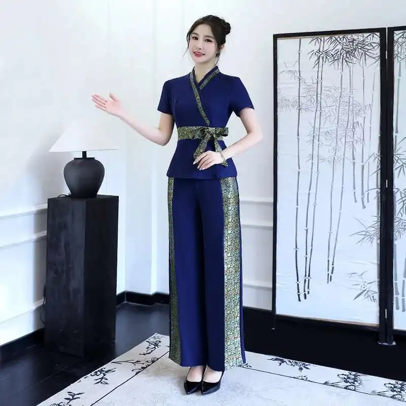 2025 Esthetic Uniform Thai Beauty Salon Suit Women's Spa Beautician Clothing Hotel Massage Women Workwear Navy Blue
