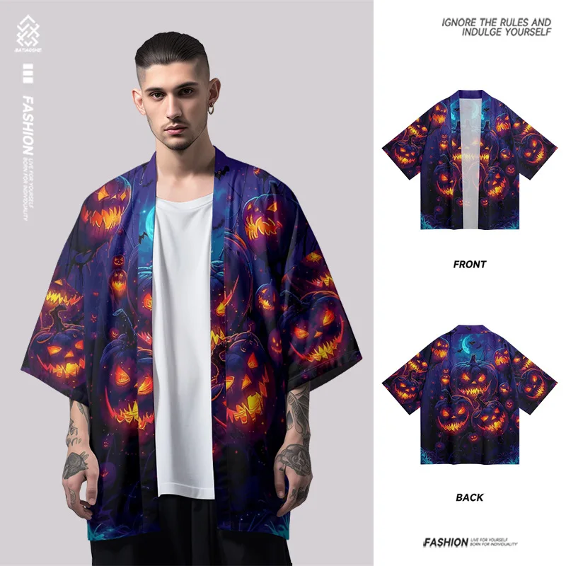 سترة كيمونو مطبوعة للهالوين للرجال، ملابس خارجية للحماية من الشمس، معطف قصير فضفاض من ألياف البوليستر، طول أكمام عادي #1