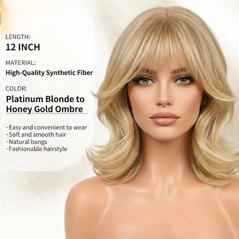 Women Short Bob Wig 12 Inch Platinum Blonde to Honey Gold Ombre Synthetic Hair, Natural Fringe Bangs Soft Smooth Heat Resistant