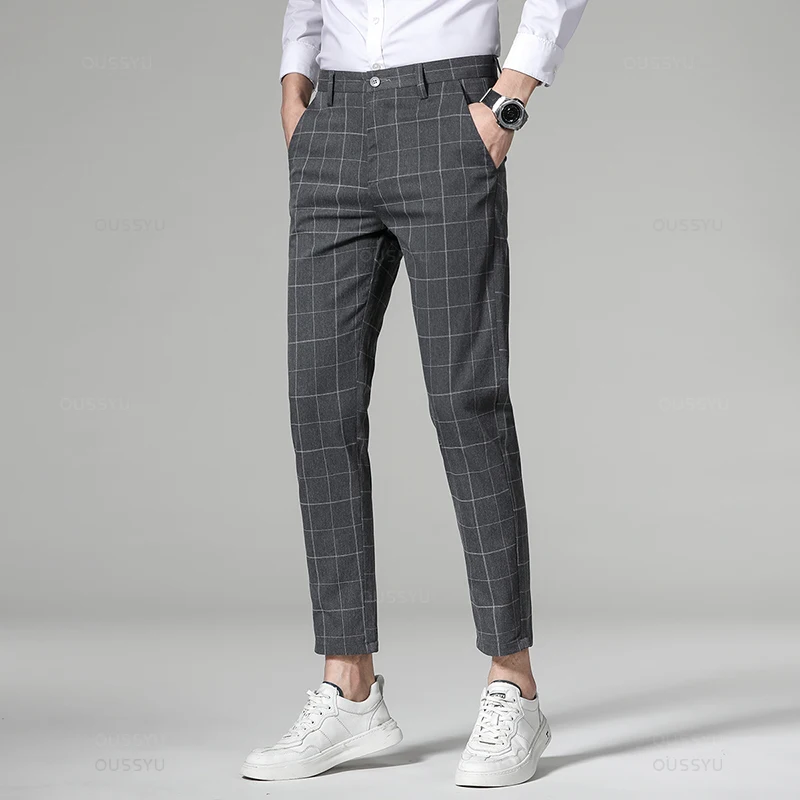 High Quality Plaid Stripe Ankle Length Pants Men Business Long Length Pant Straight Korea Grey Black Suit Formal Trousers Male