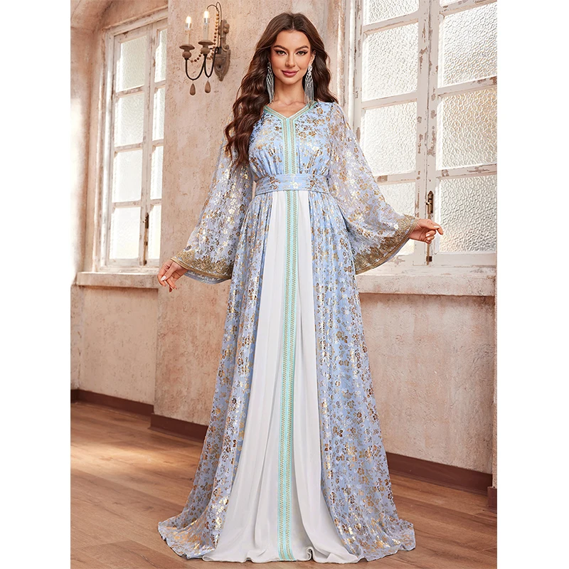 

Muslim Evening Dress Women 2024 Flare Sleeve V Neck Dubai Luxury Abaya Islamic Turkey Cocktail Prom Party Long Maxi Dresses