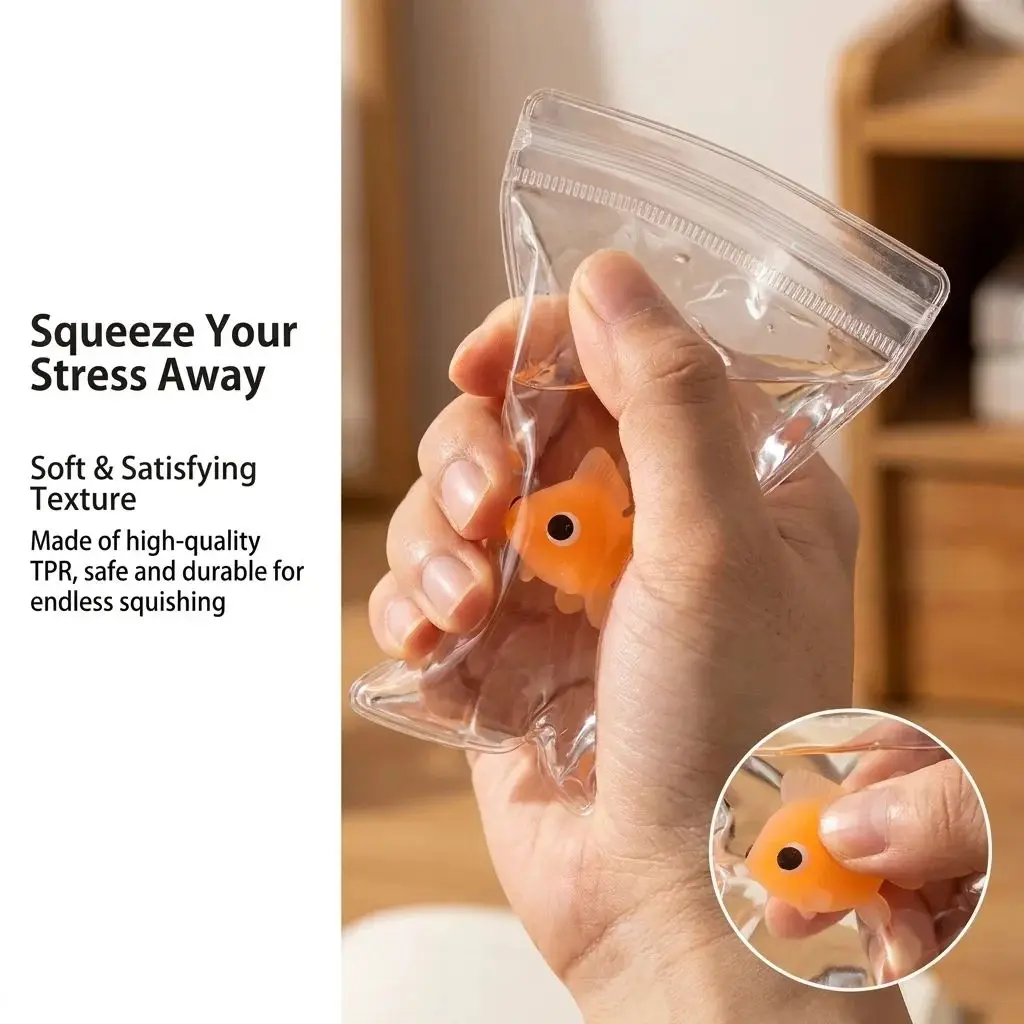 Soft TPR Cute Goldfish Squishy Squeeze Toy Transparent Bag Slow Rising Sticky Handheld Stress Relief Novelty Holiday Present