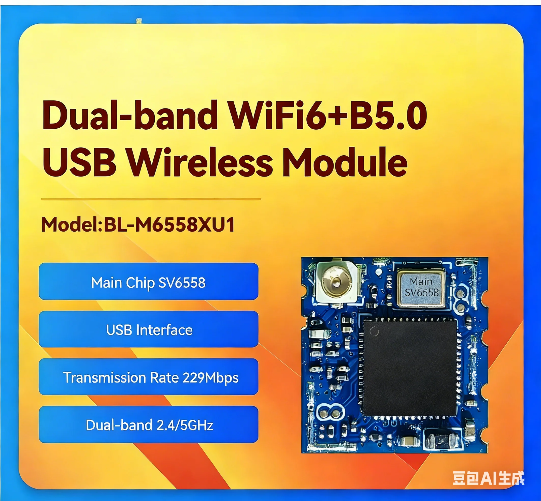 

M6558XU1 WiFi6 Module SV6558 Chip Dual Band 2.4G/5G Wireless WiFi Bluetooth 5.0 USB Module for Camera