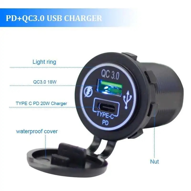 12V 24V Ônibus universal USB A QC 3.0 18W Tipo C PD 30W Soquete de carregador de carro rápido