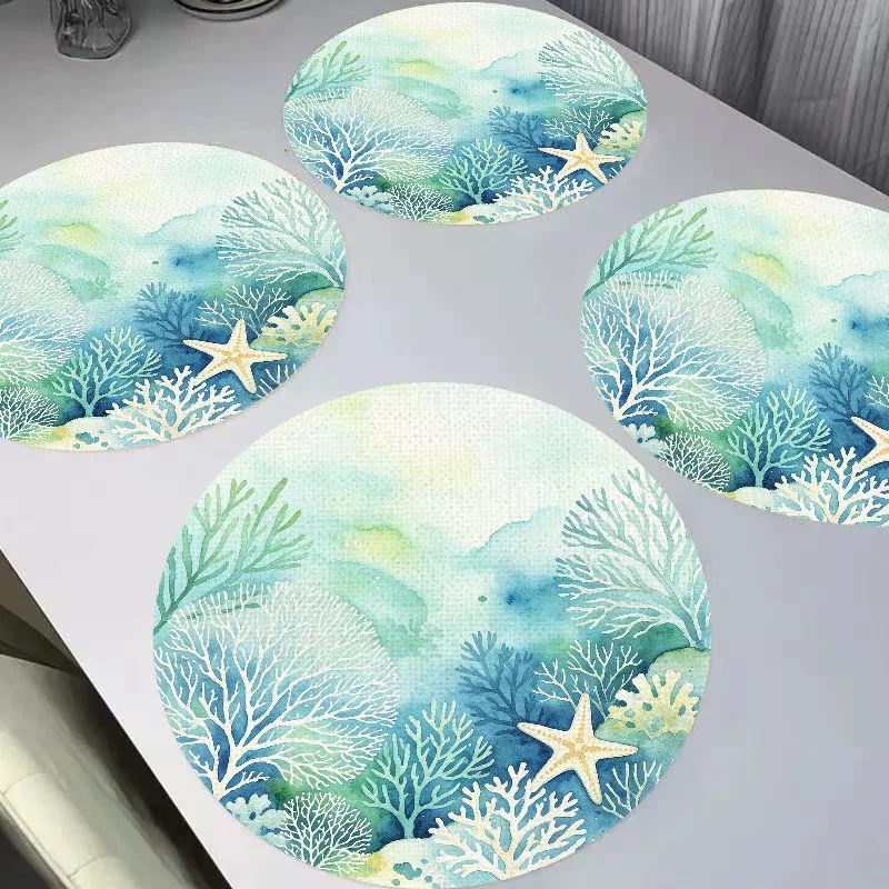 VIKAMA Fresh Watercolor Seaside Coral Round Linen Tablemat Insulation and Wear resistant Table Mat Desktop Decoration