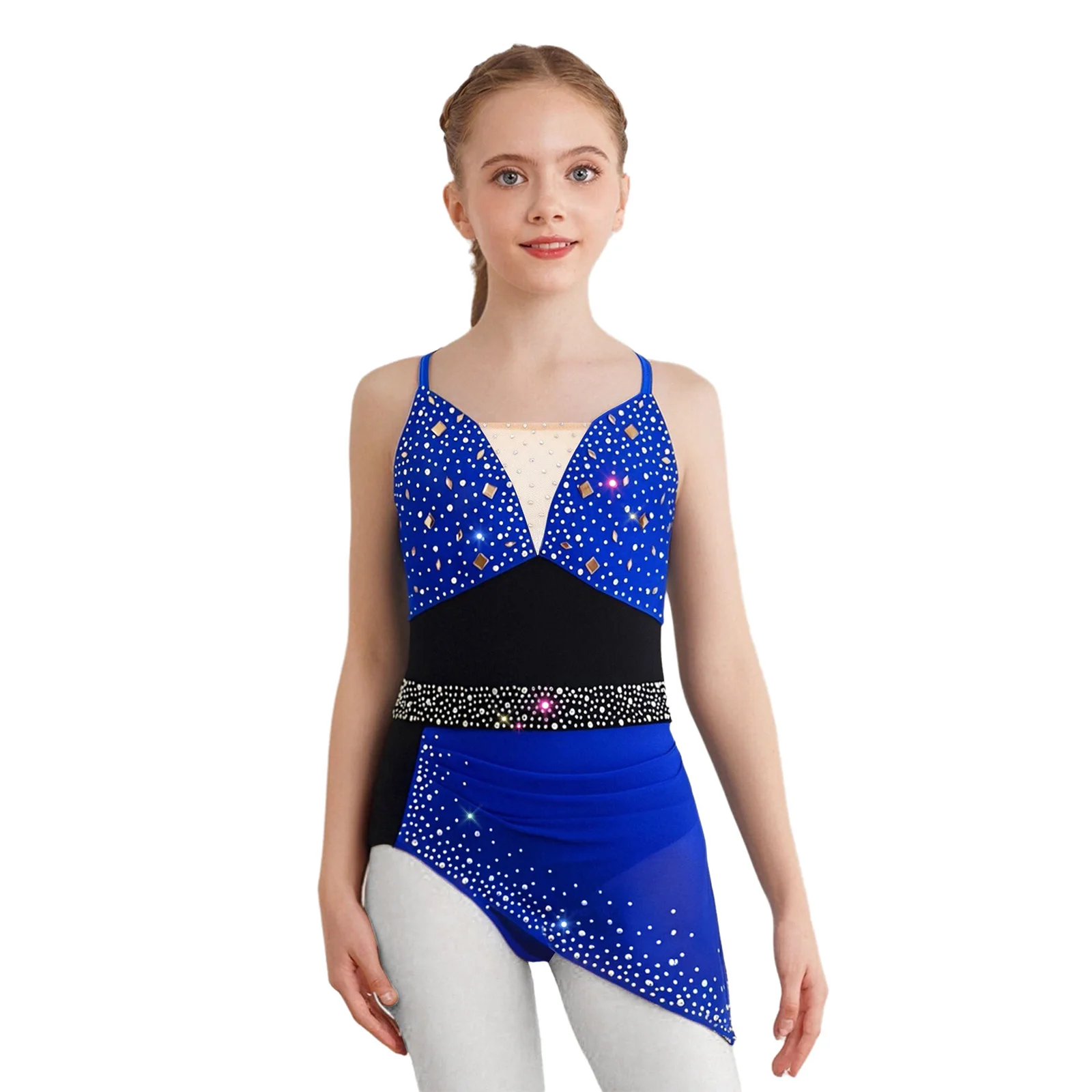 Kids Girls Figure Skating Lyrical Ballet Dance Performance Costume Spaghetti Straps Rhinestone Waltz Ballroom Ballet Dance Dress