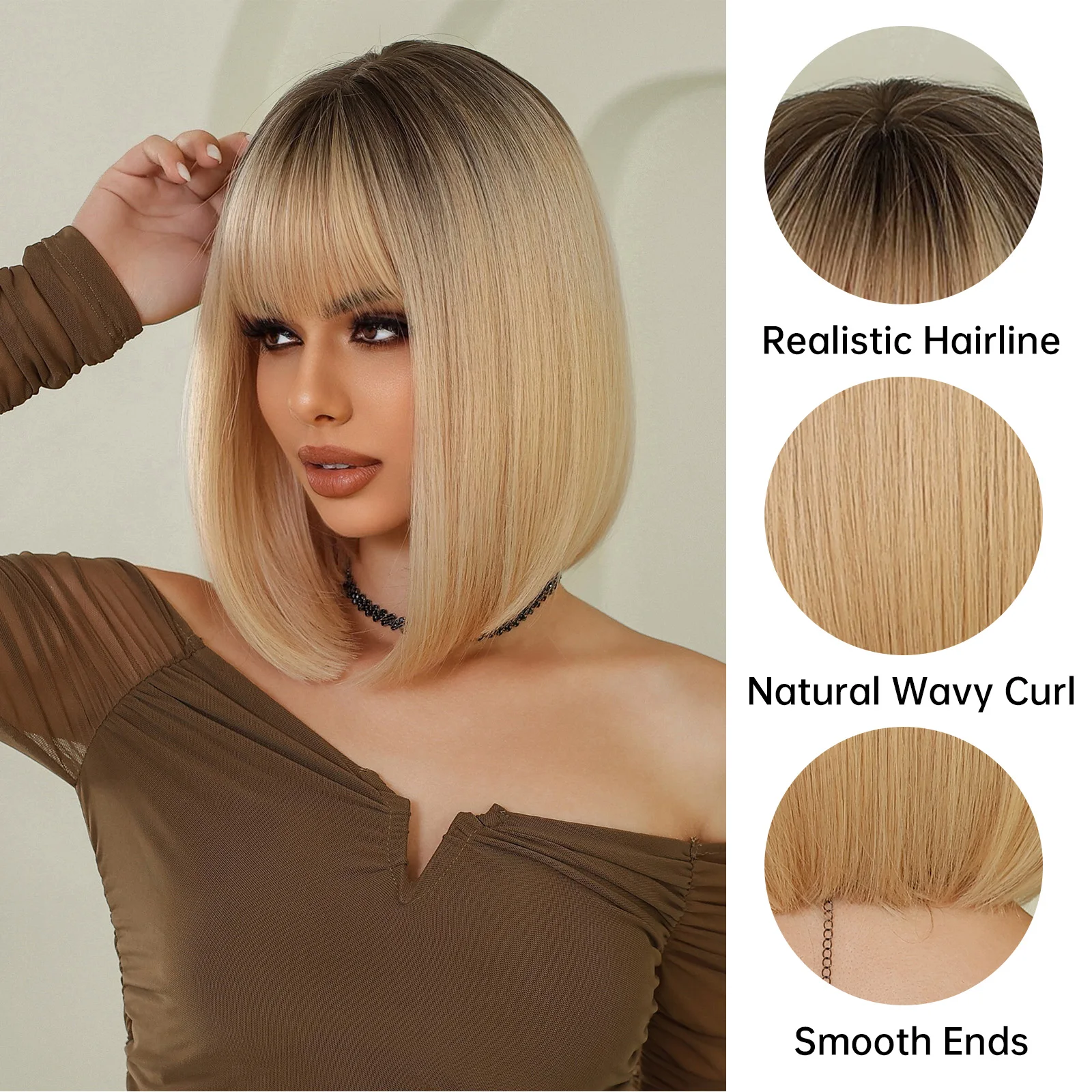 LOUIS FERRE Short Straight Blonde Synthetic Wigs for Women Light Golden Black Roots Natural Hair Wigs With Bangs Lolita Cosplay