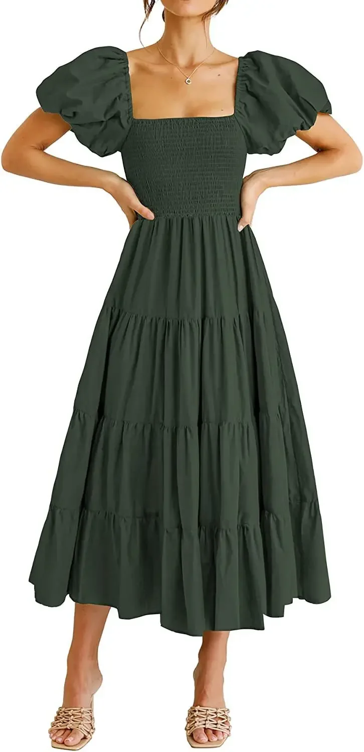 Vestido midi feminino casual de verão, manga curta bufante, gola quadrada, vestidos boho em camadas