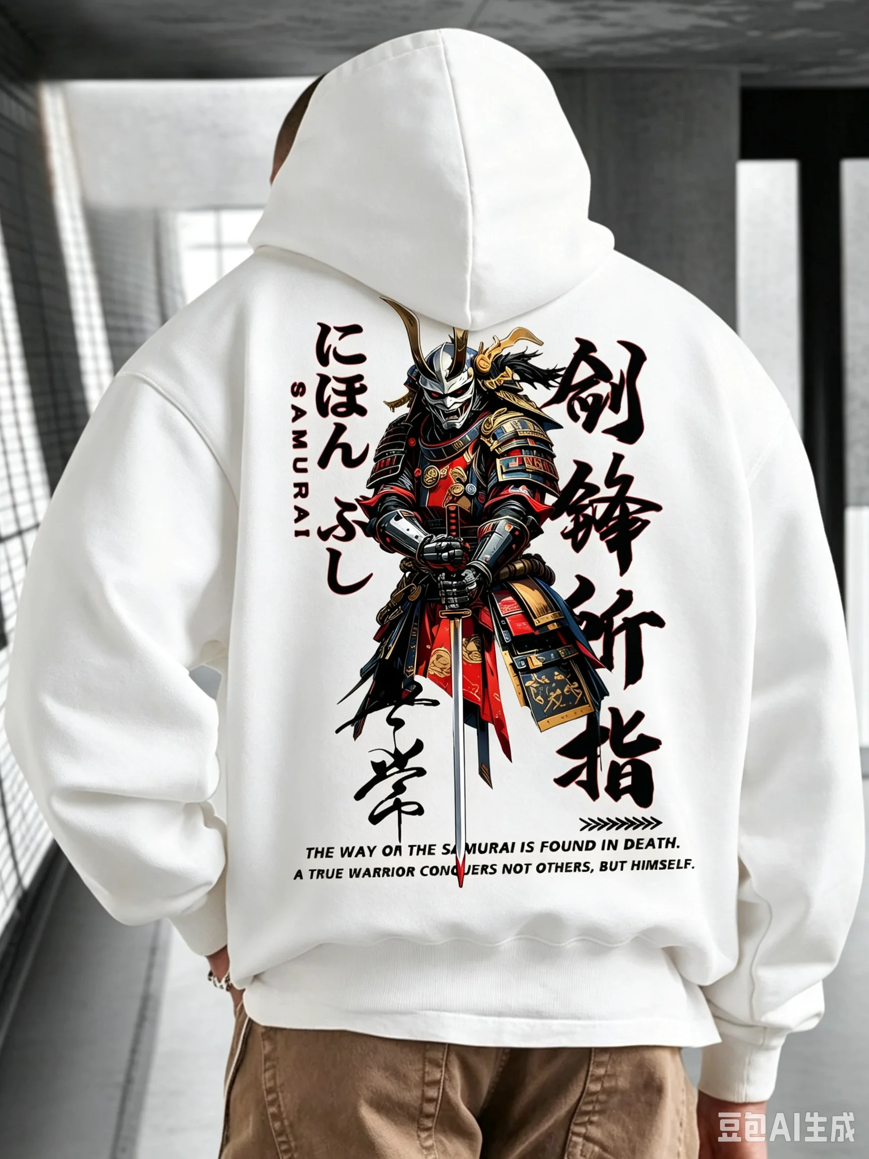 Men Warm Fleece‑Lined Hoodie Vintage Armored Samurai Sword Japanese Text Print Streetwear Hooded Pullover for Men