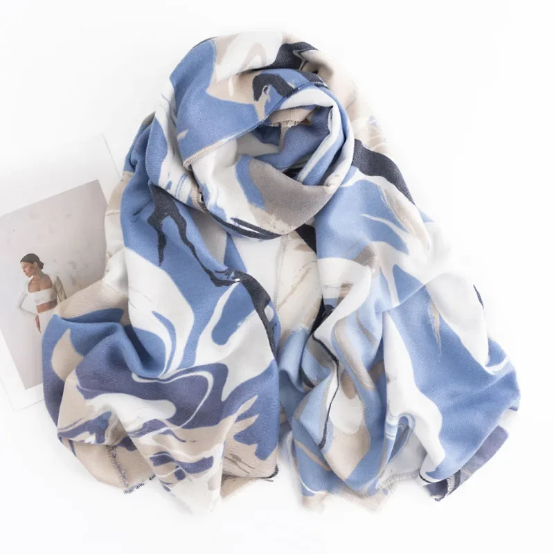 Fashion Blue Splicing Color Luxury Scarf for Women Retro Trend Winter Imitation Cashmere Warm Scarves Shawl Clothing Accessories