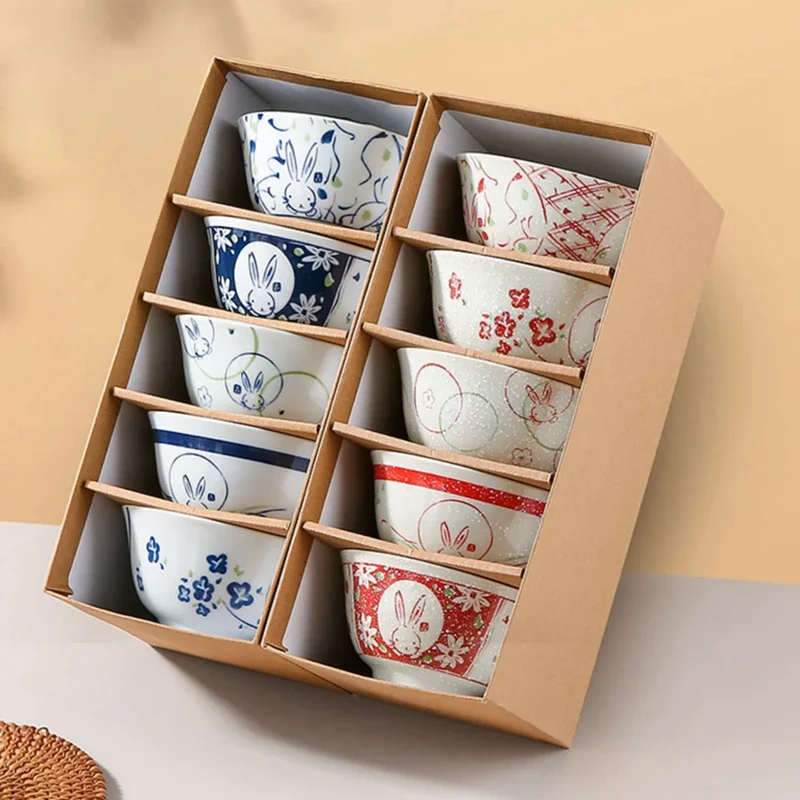 

Набор из 5 японских рисовых мисок, керамическая миска для супа, каши, овса, пасхального кролика, подарочная посуда, сервировочная миска, набор 4,5 дюйма H5L1H2