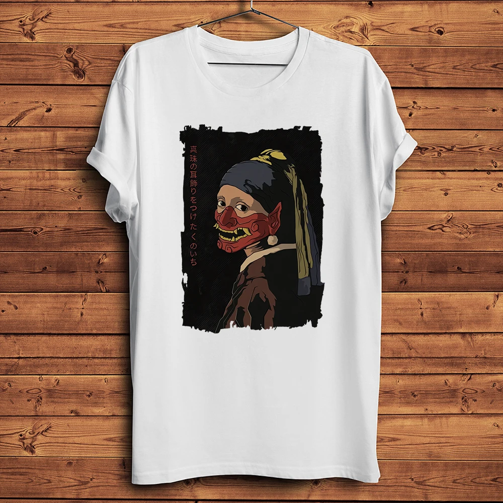 Hannya Mask Girl with A Pearl Earring Funny Artistic T Shirt Men Casual Short TShirt Unisex Amusing Streetwear Tee Breathable