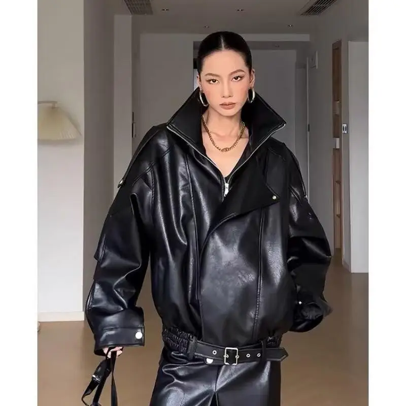 black oversized stand collar faux leather moto jacket loose biker leather coat women zip asymmetrical collar leather windbreaker
