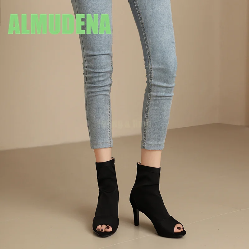 High Heels for Women Slim Heels, Round Toe Fish Mouth Cool Boots Jazz Dance Shoes Elastic Fabric Back Zipper Summer Short Boots