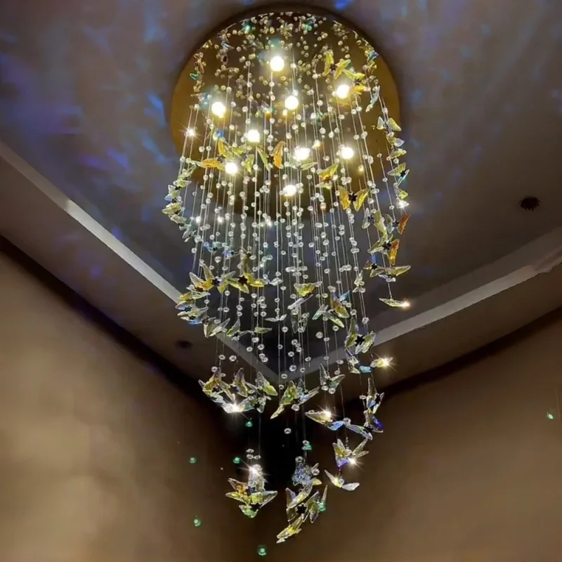Hotel Lobby Attic Butterfly Crystal Multi-Head Long Chandelier K9 Crystal Staircase Pendant Light Living Room Decor Lighting