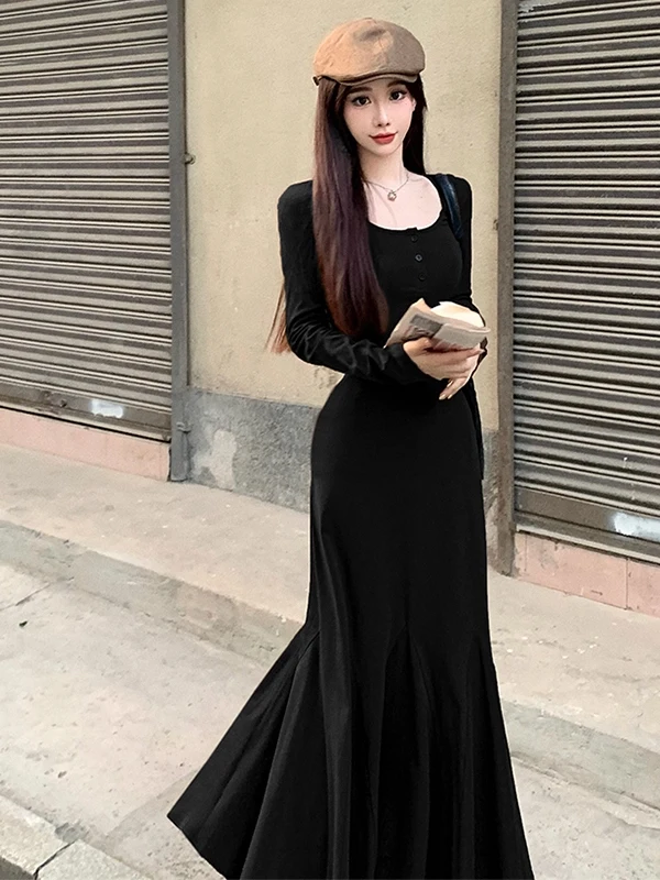 Retro Lange Sve A-lijn Fi Staart Dr Dames Innerlijke Slijtage Afslanken Lange Dr Lente Herfst Hoge Taille Pure Kleur Casual Fit