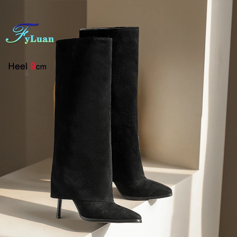 

New Turned-Over Edge Suede Long Boots For Women Europe and America Versatile Elegant Shoes 9CM Stiletto Heels Knee-high Boots