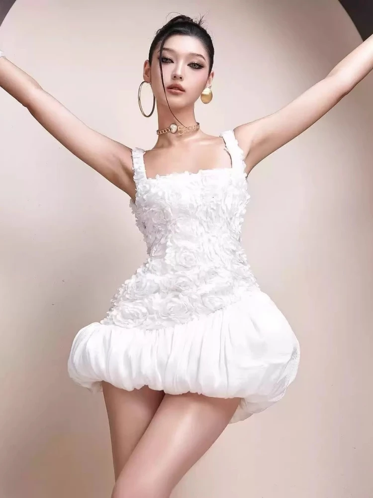 

Sexy Sling Square Neck 3D Flower Irregular Dress Women White Sleeveless Lace-up A-line Dresses Evening Party Gowns