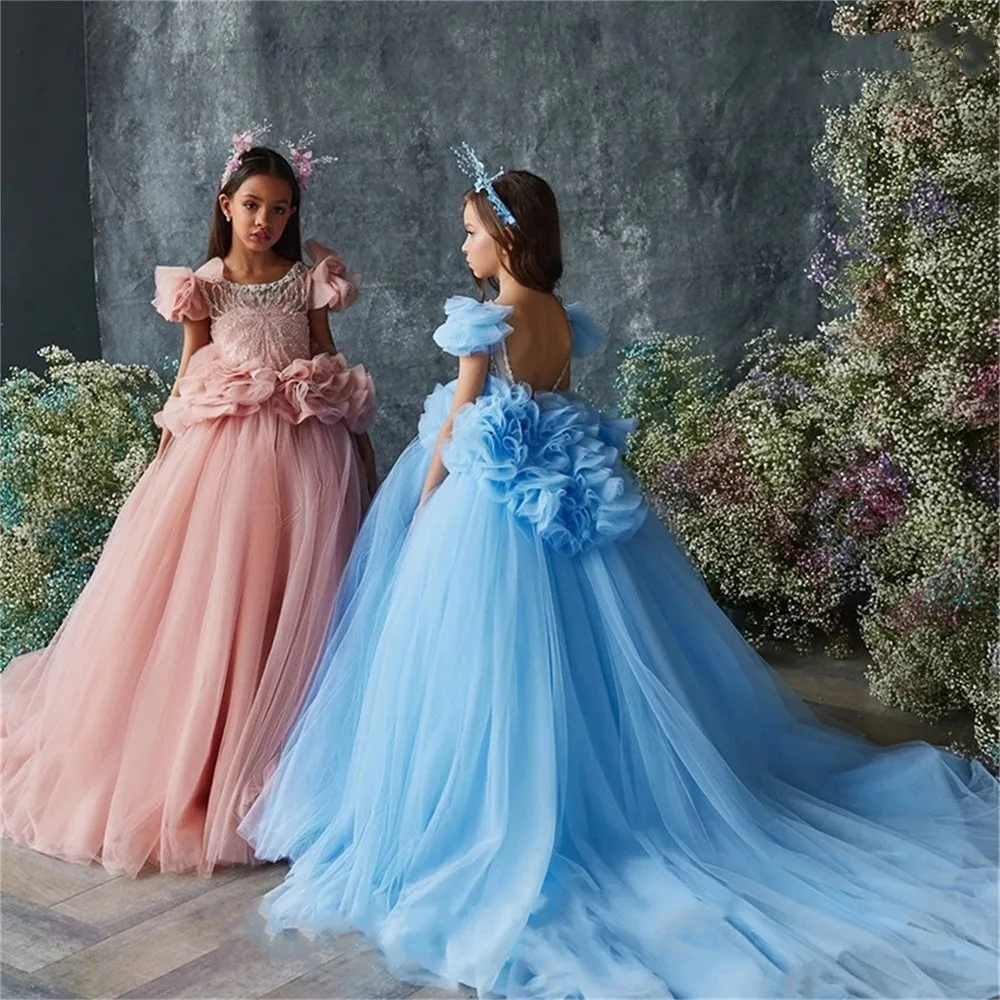 Boho Tulle pizzo senza maniche fiore ragazza vestito 2023 principessa per la prima comunione celebrazione bambini compleanno vestito bambino abito