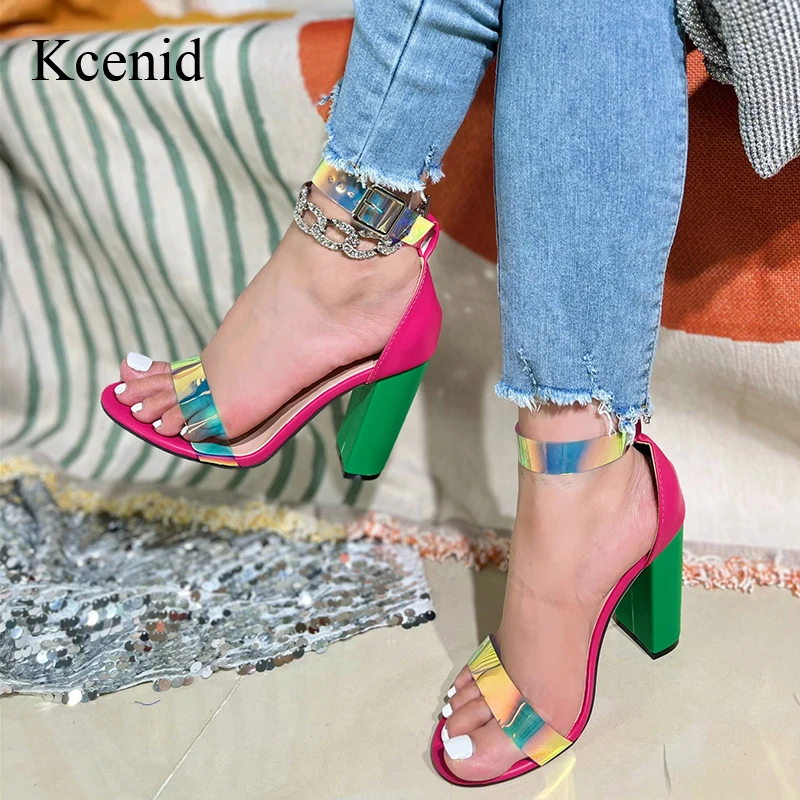 

Kcenid Fashion PVC Multicolor Women Sandals Summer Open Toe High Heels Thick Heel Buckle Strap Sandals Woman Party Shoes