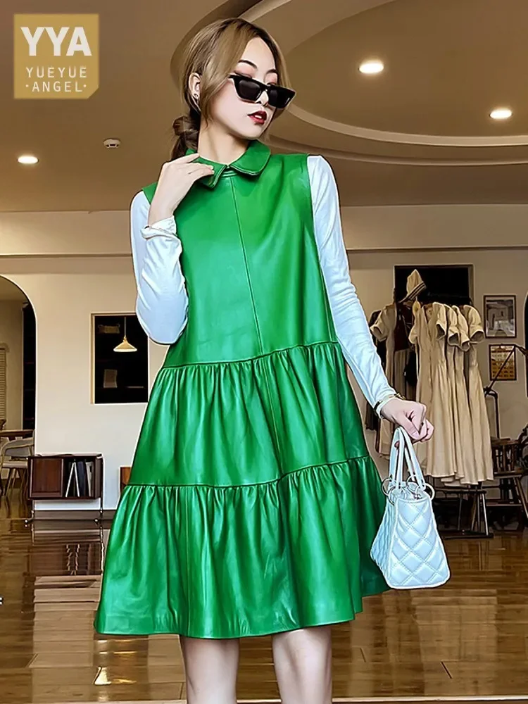 

Spring Fashion New Women Sleeveless Sundress Pleated Sheepskin Genuine Leather Dress White Lapel Collar Loose Fit Casual Dresses