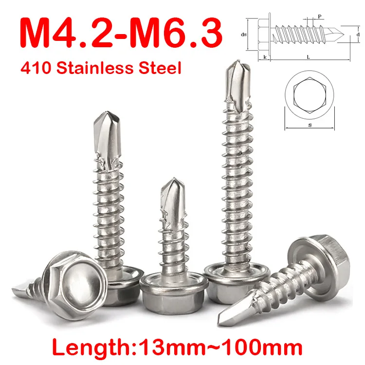 410 Stainless Steel M4.2 M4.8 M6.3 Hexagon Head Self-Drilling Screws Self-Tapping Dovetail Bolts Length=13~100mm