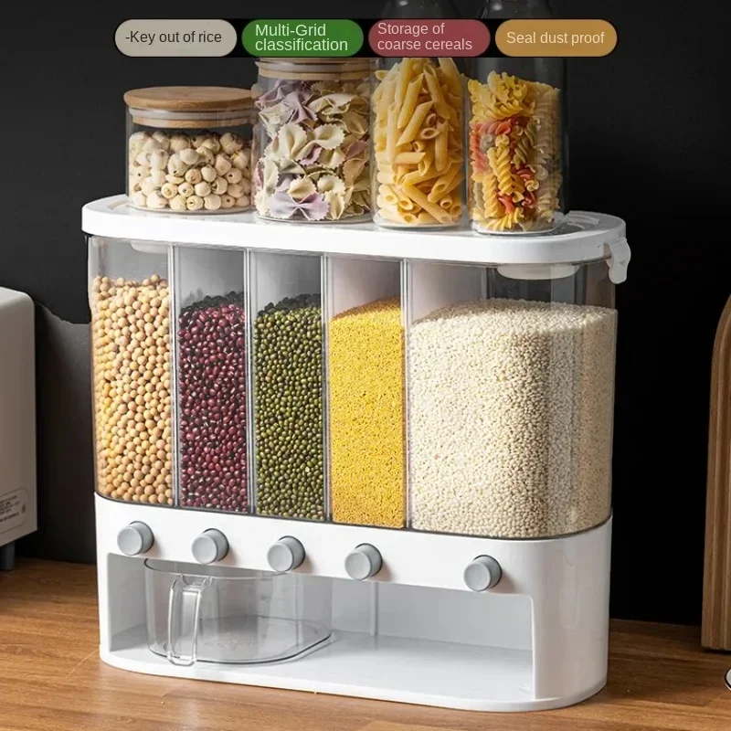 Wall Mounted Cereal Dispenser 5 In 1 Grain Storage Container for Kitchen Food Dispenser for Cereals and Rice